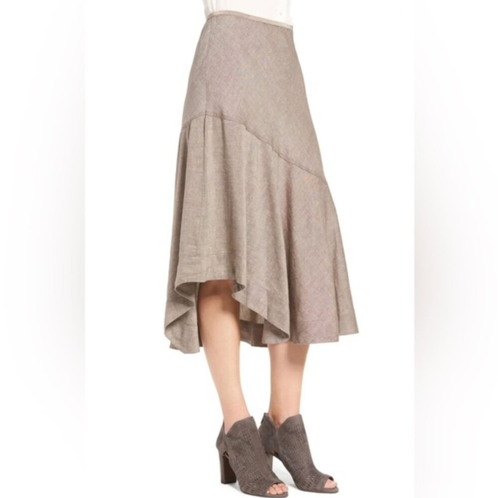 NIC+ZOE Long Engagement Linen Blend Midi Skirt Asymmetrical Neutral Size 10 Boho